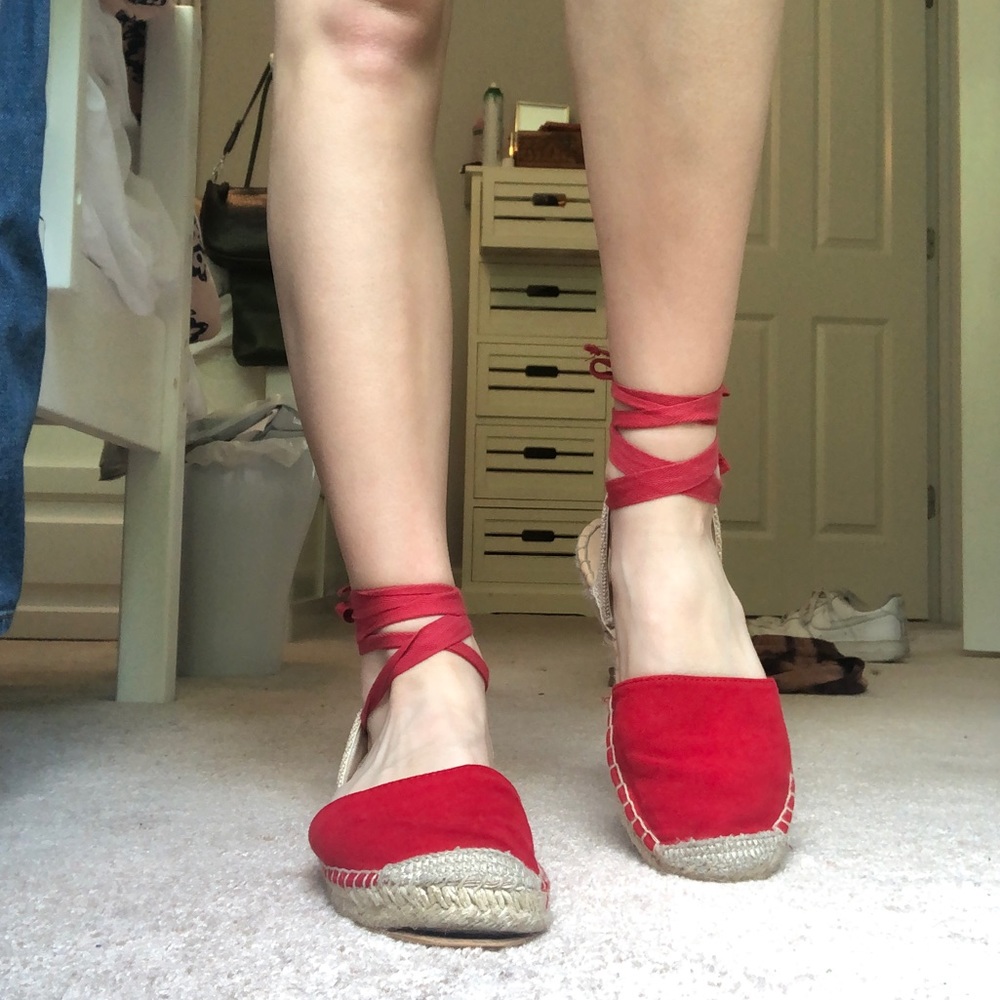 Red ballet lace up flats